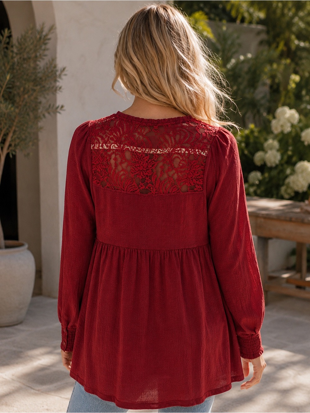 Lace Yoke Long Sleeve Peplum Top - Red